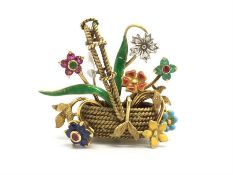 Enamel and gem set floral basket brooch, rope detail gold basket, with articulated diamond, ruby,