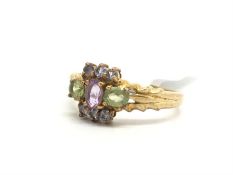 Multi gem set cluster ring, in 9ct yellow gold, ring size N
