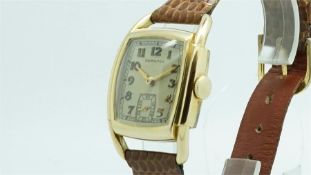 Gentlemen's Hamilton Vintage Wristwatch, square off light brown dial with raised arabic numerals and