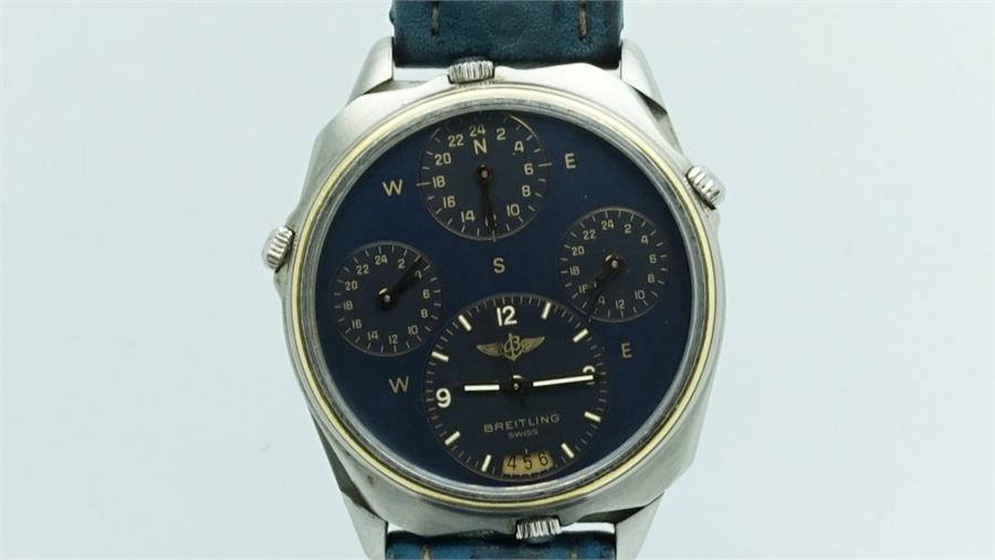 Gentlemen's Breitiling 'Multi Zone' Bullhead Wristwatch, circular twon tone blue dial with - Image 4 of 4