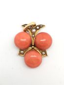 Coral and seed pearl pendant, set in yellow metal