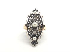 Victorian French diamond and pearl ring, navette shaped design, central 4.34mm pearl, surrounded