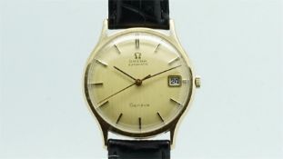 Gentlemen's Omega 9ct Gold Date Wristwatch, circular champagne dial with date aperture at 3 and