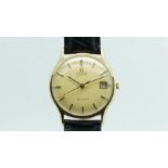 Gentlemen's Omega 9ct Gold Date Wristwatch, circular champagne dial with date aperture at 3 and