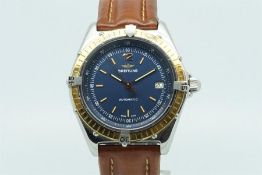 Gentlemen's Breitling Date Automatic Wristwatch, circular dark blue dial with gold hour markers