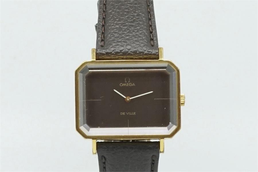 Vintage Omega Retro Wristwatch, rectangular dial with gold plated case, on black leather strap. - Image 3 of 3