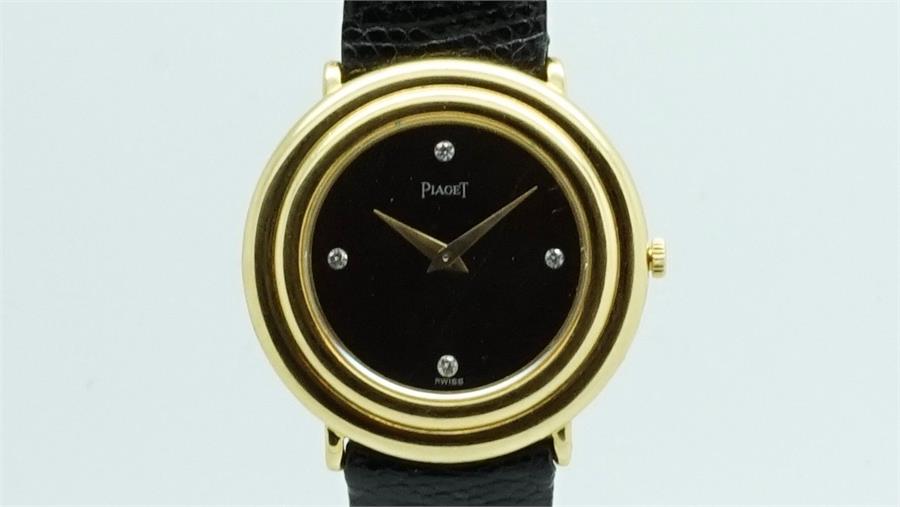 Gentlemen's Piaget Gold Diamond Dot Wristwatch, circular black dial with diamond dot hour markers, - Image 4 of 4