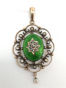 Enamel and pearl pendant, central oval guilloche enamel panel, inlaid with a half seed pearl set