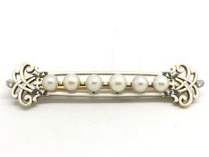 A French, pearl, enamel and diamond brooch, six 6.1-6.8mm pearls, with blue and white enamel detail,