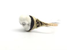 Enamel skull ring, white enamel skull with diamond set eyes, set to an antique black enamel detailed
