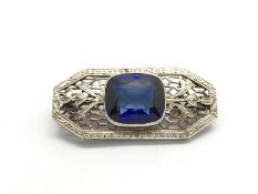 Early synthetic sapphire set brooch, large cushion cut synthetic sapphire, 14x12mm,set in a piece