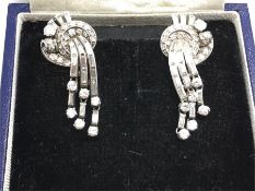 Art Deco diamond spay earrings, round and baguette cut diamonds, each with three articulated