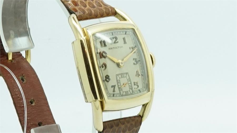 Gentlemen's Hamilton Vintage Wristwatch, square off light brown dial with raised arabic numerals and - Image 2 of 4