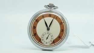 Vintage Chrome Pocket Watch, circular two tone dial with Arabic numerals and a subsidiary dial at 6,