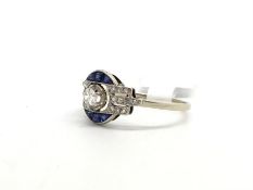 Diamond an dsapphire Art Deco ring, central old cut diamond claw set, three rows of rose cut