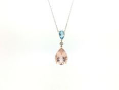 Morganite, diamond and aquamarine pendant, 21.06ct pear cut morganite drop, suspended from a round