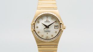 Mid Size Omega Constellation Diamond Bezel 18ct Rose Gold Wristwatch, circular omega printed dial