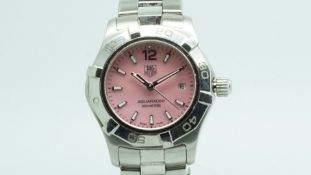 Ladies' Tag Heuer Aquaracer, pink dial, white hour markers, rotating bezel, stainless steel case