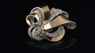 Vintage French diamond ribbon brooch, old and rose cut diamonds set across a scrolling rose gold