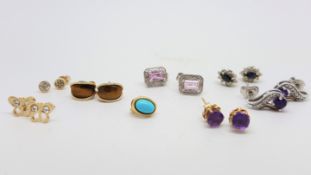 Seven pairs of 9ct yellow gold gem set stud earrings (and one single earring), gross weight