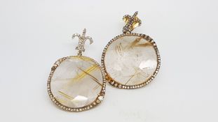 Pair of rutilated quartz and diamond drop earrings, circular cut rutilated quartz surrounded by rose