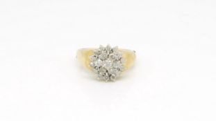 Diamond cluster ring, three rows of diamonds, in 9ct yellow gold, ring size N