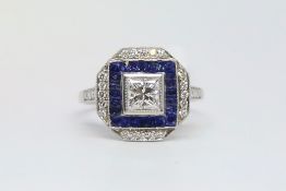 Art Deco style princess cut diamond and sapphire cocktail ring, central princess cut diamond