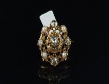 Diamond and pearl brooch, set with rose cut diamonds and four 4mm half pearls, set in yellow metal