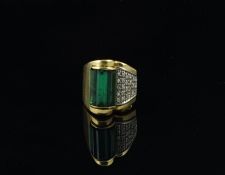 Italian green tourmaline and diamond ring, scroll design set with three baguette cut green