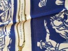 Hermes silk scarf, Blue Plaques a Sablre by Hugo Grygkar, blue, white and gold, 1956,