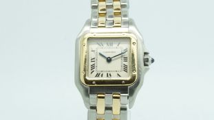 Ladies' Cartier Panthere, square white dial, Roman numerals, steel and gold case and bracelet,