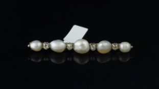 French natural pearl and diamond brooch, five graduated natural saltwater pearls, spaced with old