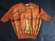 HERMES- A Hermes ladies silk top, orange silk long sleeved top, depicting boats, size 44