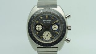 Gentlemen's Eterna Valjoux 72 Chronograph Wristwatch, circular grey triple register dial with multi