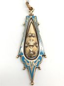 Edwardian blue enamel pendant, briolette shaped centre piece with crown detail, pivots within a blue