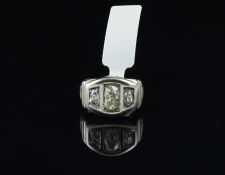 Three stone diamond ring, three old cut diamonds, set in bi-colour metal, heavy shank, ring size J