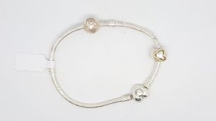 PANDORA - charm bracelet, heart clasp, two charms including Micky Mouse stone set charm,