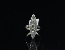 Diamond cluster ring, marquise shaped panel, set with three old cut diamonds and surrounded by
