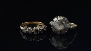 Two Georgian diamond rings, one cluster ring, set with early faceted diamonds, in yellow and white