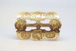 Early Victorian belt buckle, engraved front with ladies' on horseback, birds and floral work,