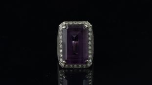 Large amethyst and diamond ring, emerald cut amethyst measuring approximately 22.4 x 14.4mm, set