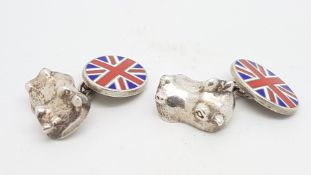 Pair of silver Hippo and Union Jack enamel cufflinks