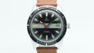 Gents Yema Vintage Divers Wristwatch, circular black dial with baton hour markers and a grey band