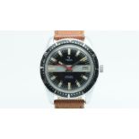 Gents Yema Vintage Divers Wristwatch, circular black dial with baton hour markers and a grey band