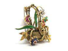 Enamel and gem set floral basket brooch, rope detail gold basket, with articulated diamond, ruby,