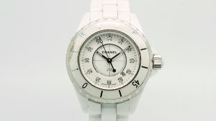 Ladies' Chanel J12, circular white dial diamond dot hour markers, white ceramic case and bracelet,
