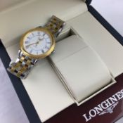 Gentlemen's Longines Bi Colour w/ Box & Papers, circular white dial with roman numerals