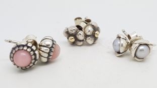PANDORA - Three pairs of Pandora silver earrings, including rose quartz set