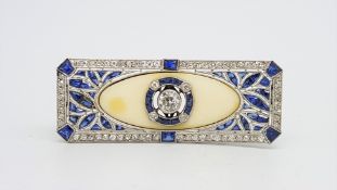 Art Deco sapphire, diamond and ivory brooch, rectangular panel designed with a central old cut