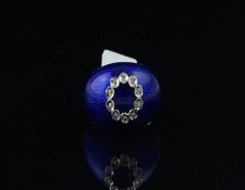 Enamel and diamond bombé style ring, blue guilloche enamel set with a circle of single cut diamonds
